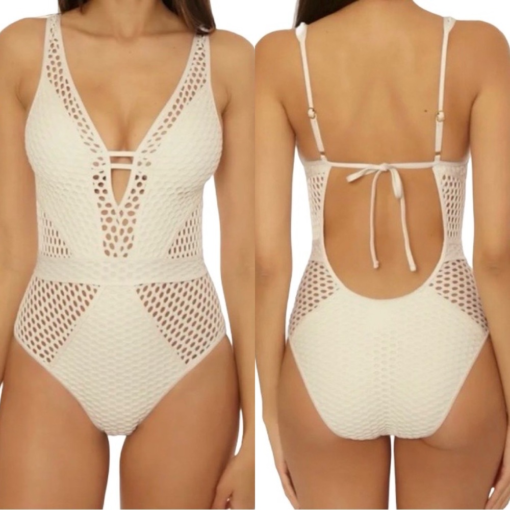 Becca NWT Ecru Castaway Fishnet Plunge One-Piece Swimsuit Size Large